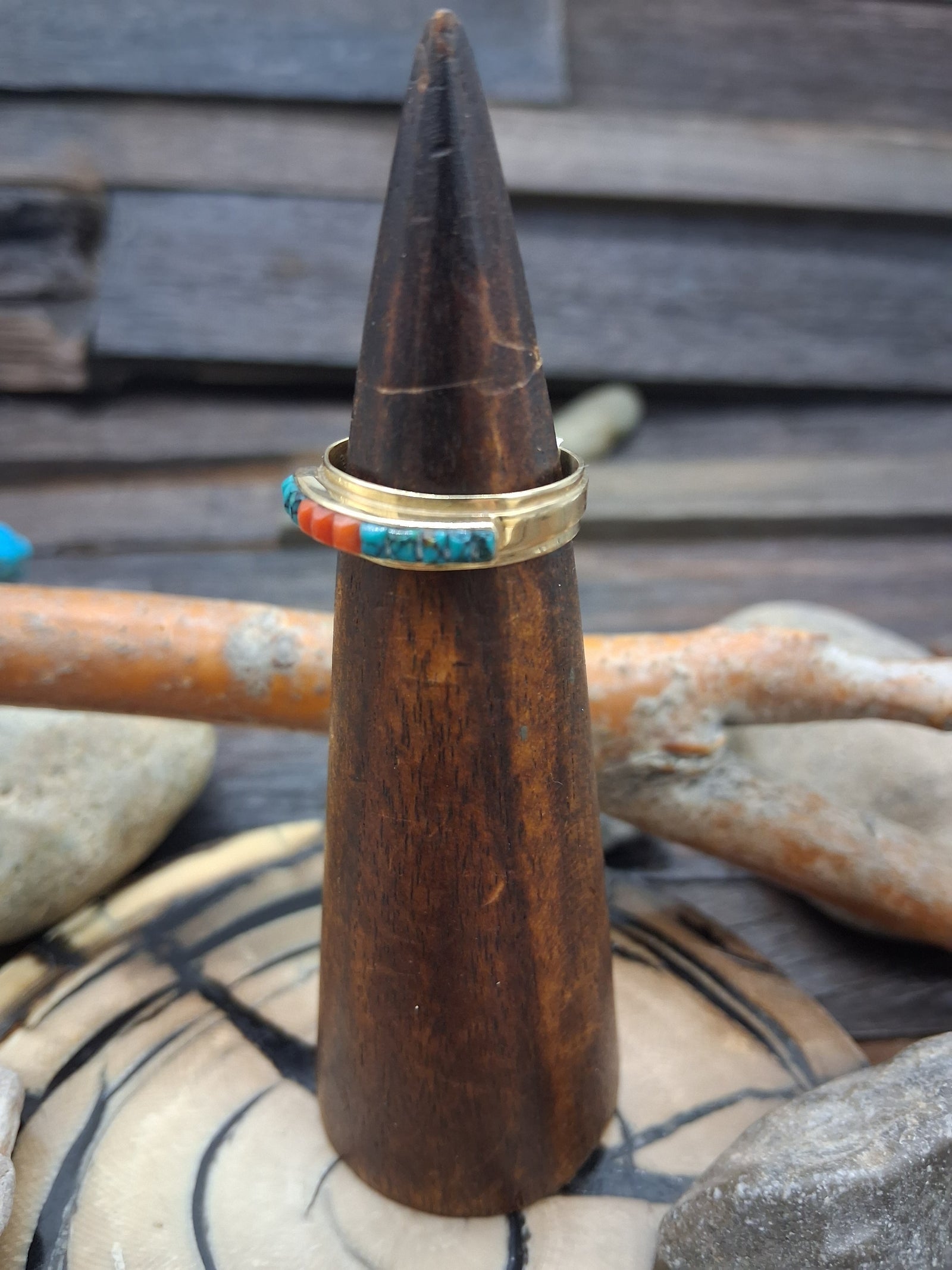 14 KT Gold Inlay Turquoise and Coral Ring Size 7 1/2 by O. Ashley