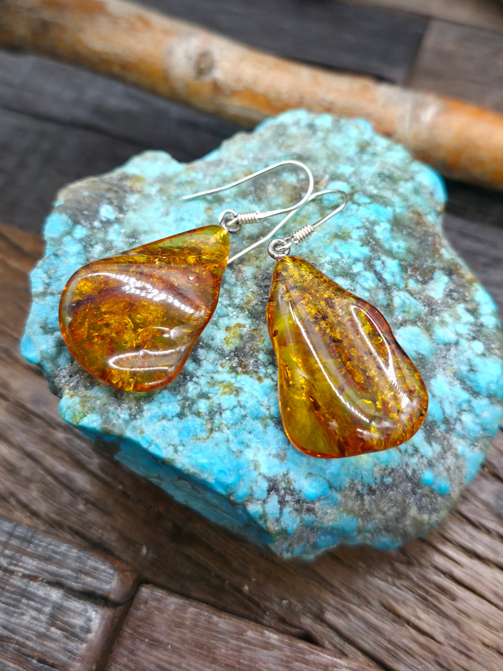 Free Form Amber Earrings NON-NATIVE MADE - 2 in. by 1 in.