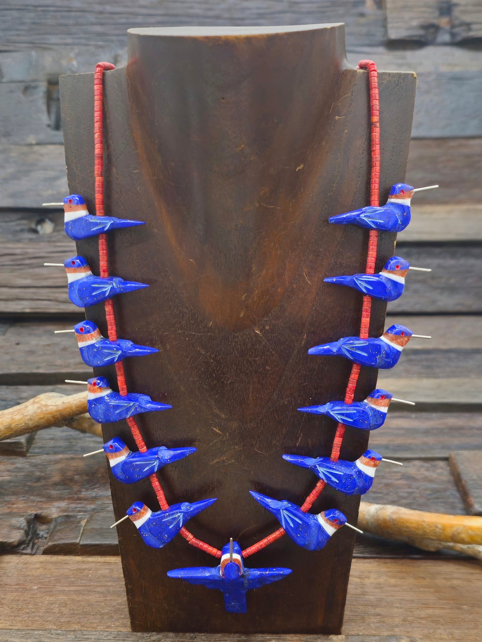 Lapis 13 Hummingbird Necklace with Orange Sponge Coral Heishi by Matt Mitchell - 28 in.