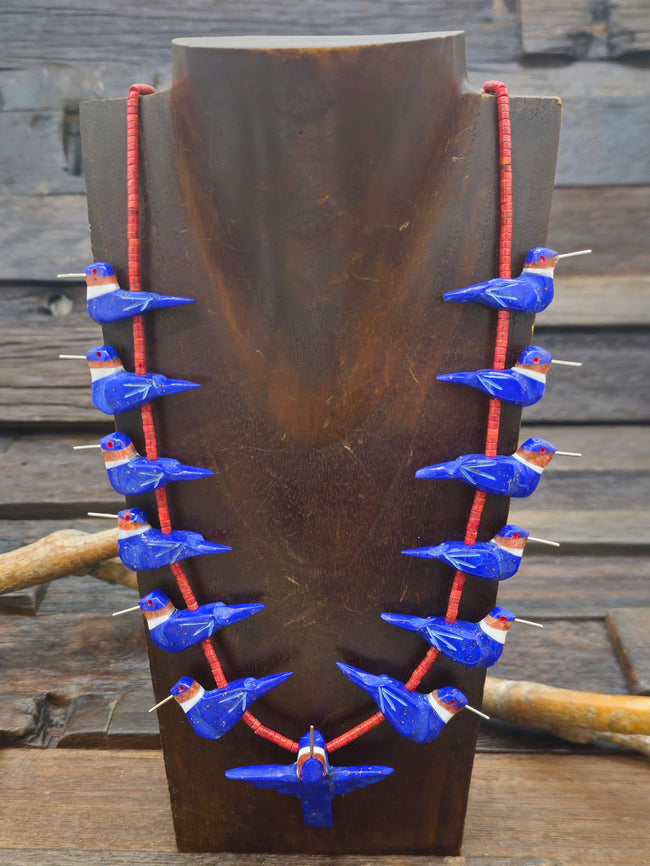 Lapis 13 Hummingbird Necklace with Orange Sponge Coral Heishi by Matt Mitchell - 28 in.