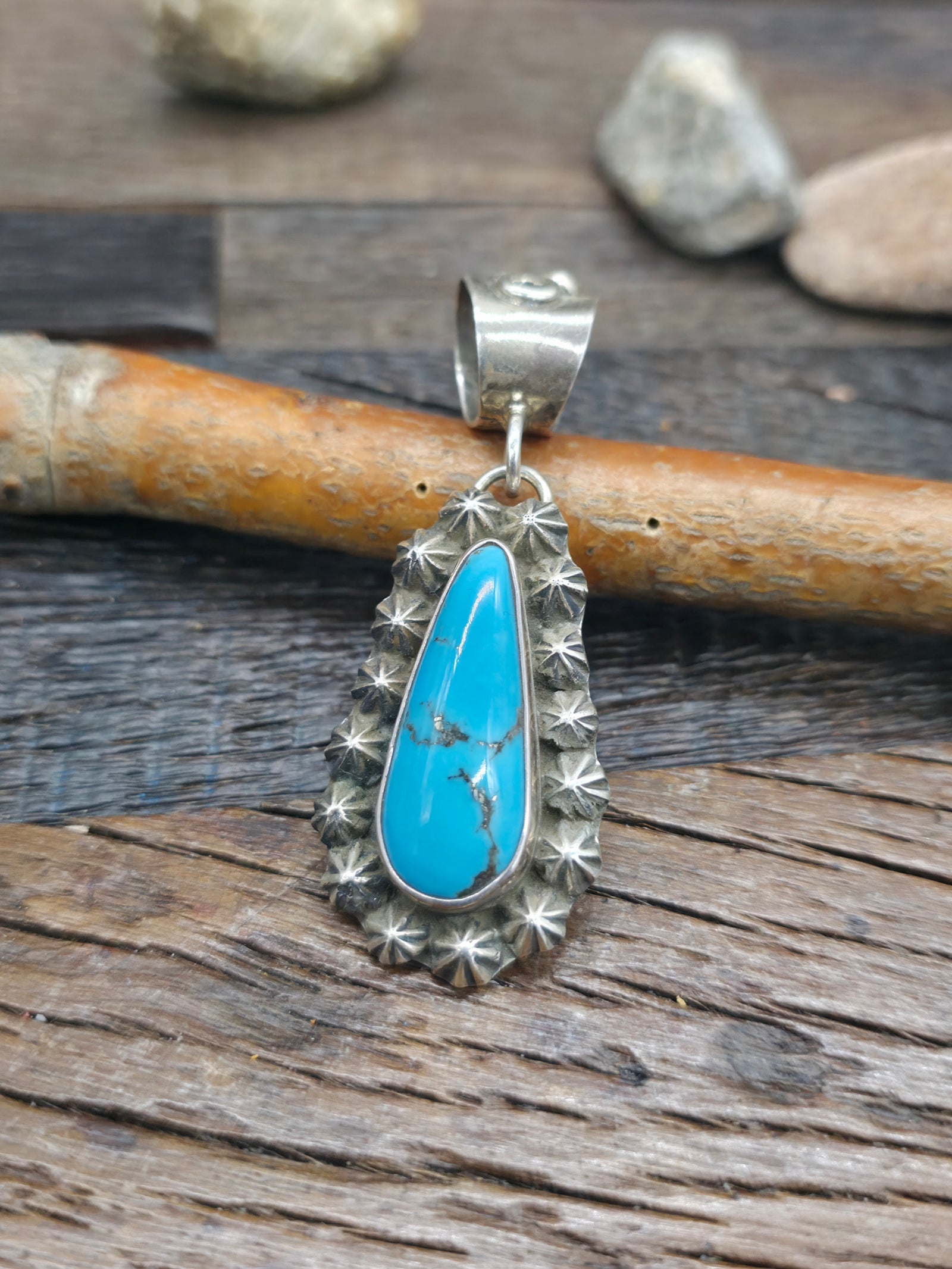 Sterling Silver Campitos Turquoise Pendant by Jacob Troncosa - 2 1/2 in. by 1 in.
