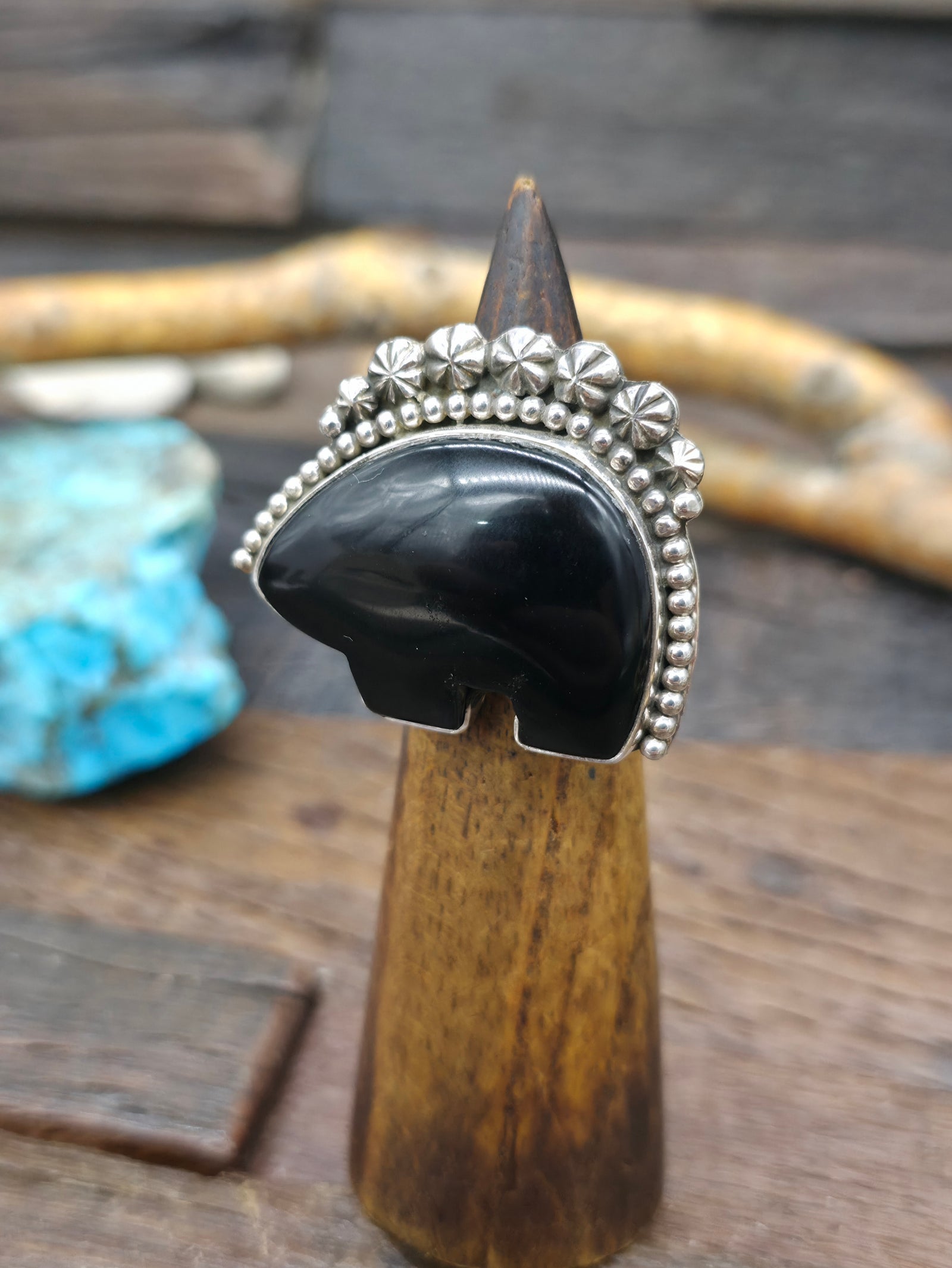 Sterling Silver Black Onyx Bear Ring - Size 7