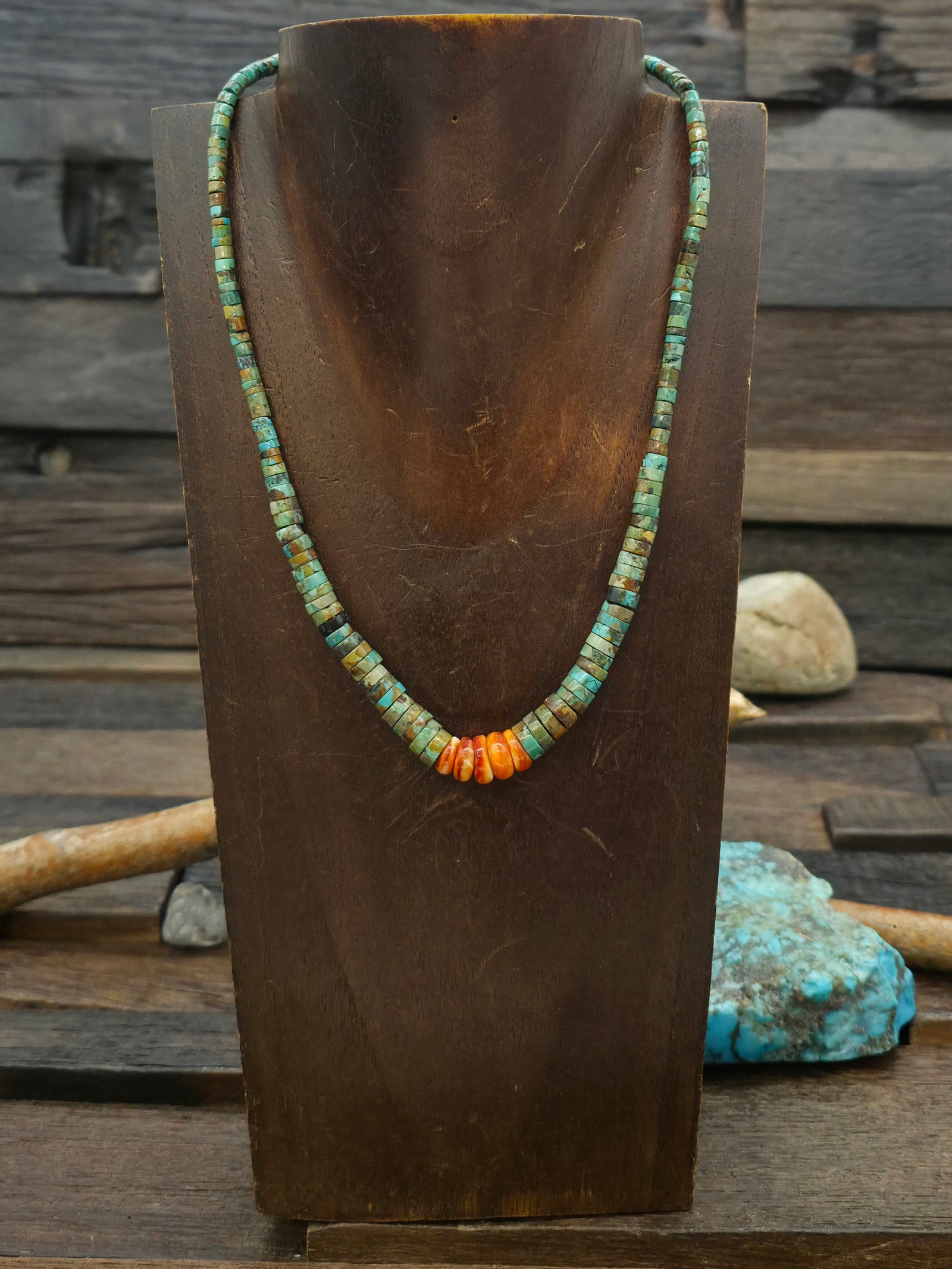 Sky Horse Turquoise and Spiny Oyster Necklace by Verlyn Yatsatile - 16 1/2 in.