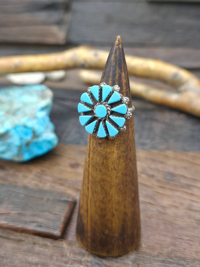 Sterling Silver and Turquoise Zuni Flower Ring - Size 6