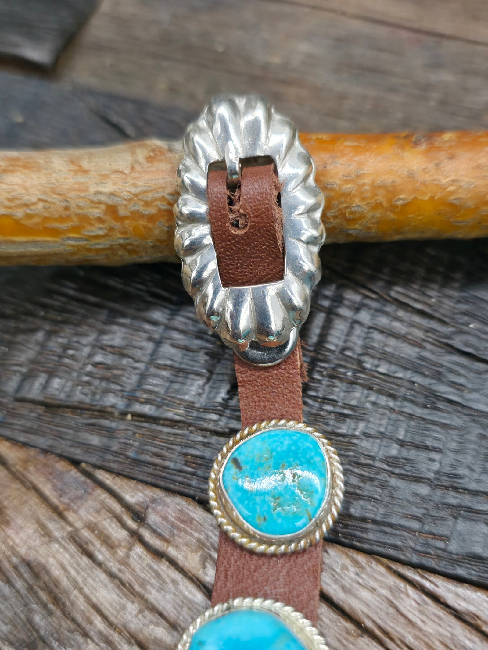Seven Stone Blue Turquoise and Spiny Brown Leather Buckle Bracelet - 8 in.