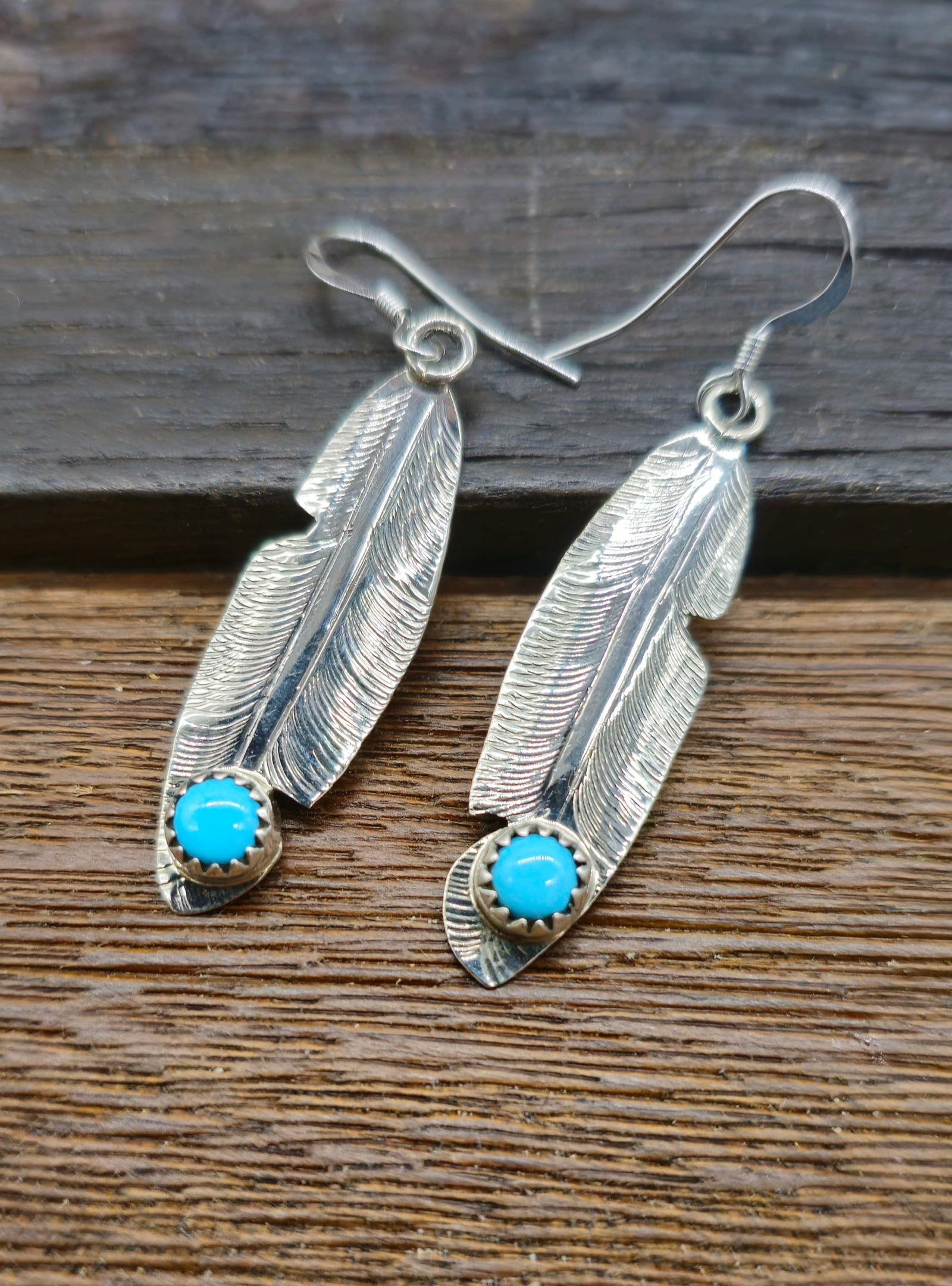 Sterling Silver and Turquoise Feather Earrings by Genevieve Francisco