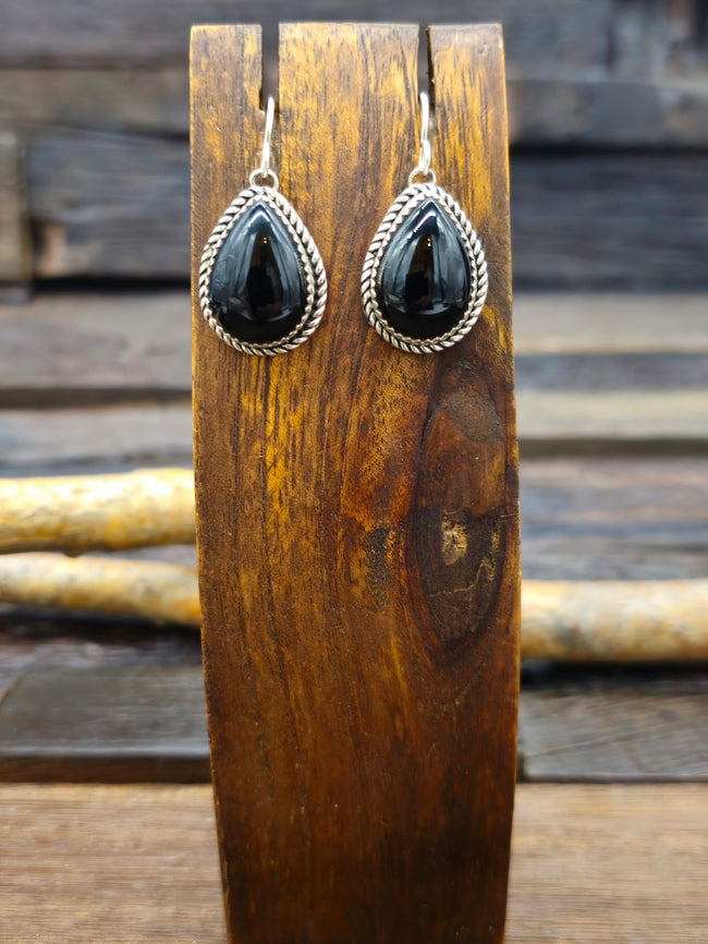 Black Onyx Teardrop Dangle Earrings by Rosella Paxton - 1 1/2 in