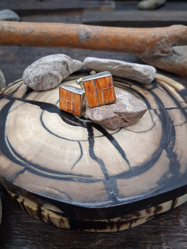 Sterling Silver and Spiny Oyster Inlay Cufflinks by Edison Yazzie