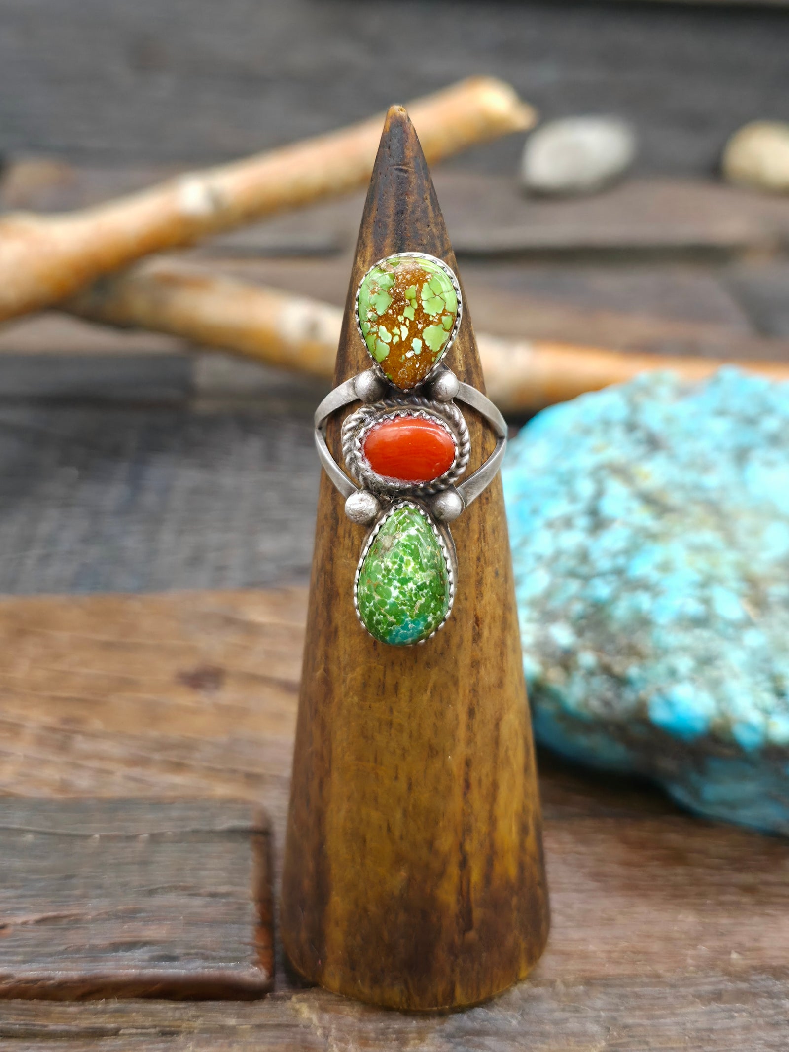 Sterling Silver Sonoran Turquoise and Coral Ring by L. Ganado - Size 9