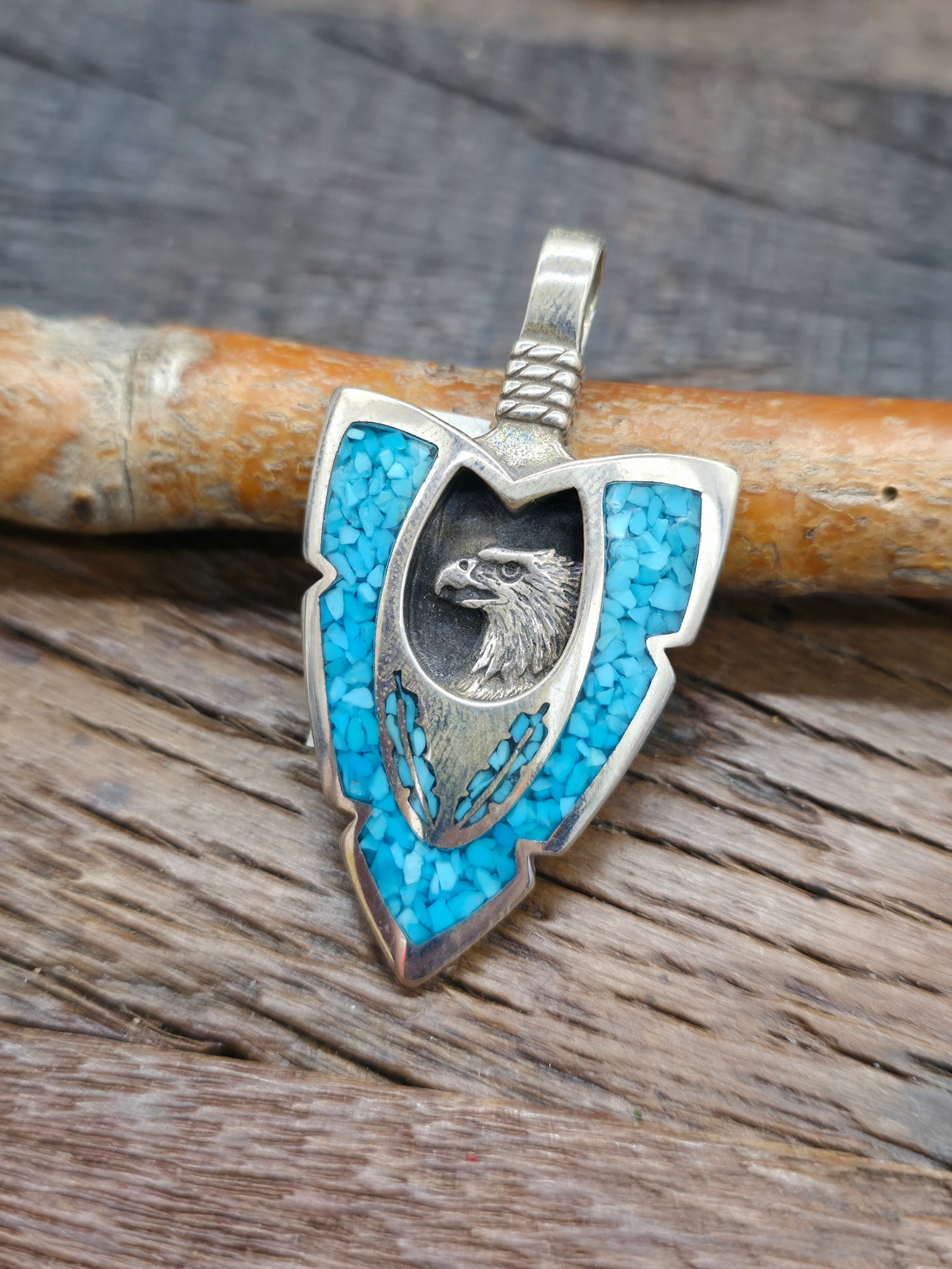 Sterling Silver Turquoise Chip Inlay Arrowhead Pendant - Eagle NON NATIVE MADE - 2 1/4 in. by 1 1/4 in.