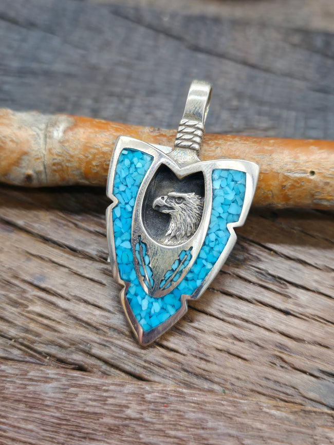 Sterling Silver Turquoise Chip Inlay Arrowhead Pendant - Eagle NON NATIVE MADE - 2 1/4 in. by 1 1/4 in.