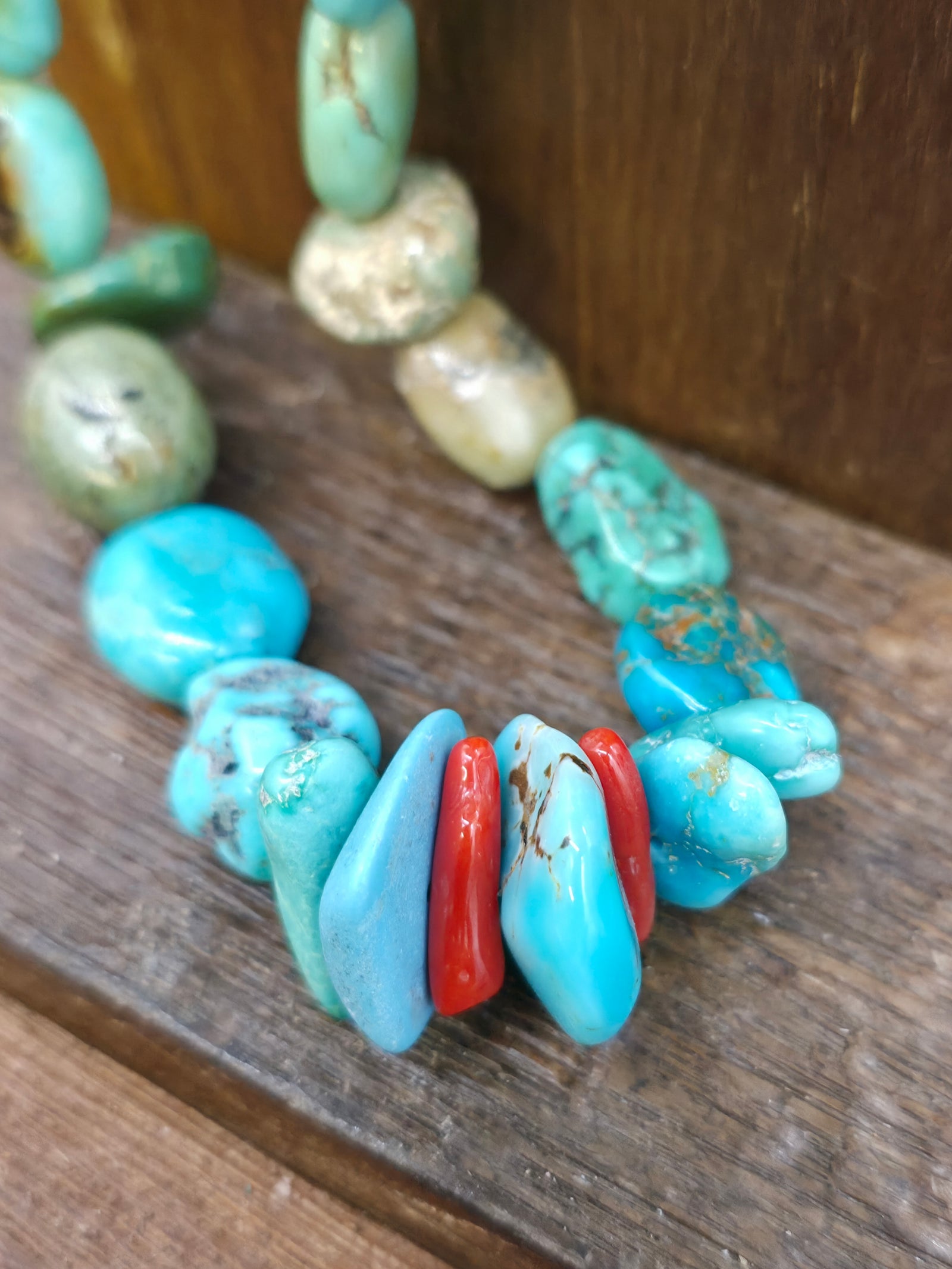 Mixed Turquoise Stone Bead Necklace with Coral by Fred Archuleta - 30 in.