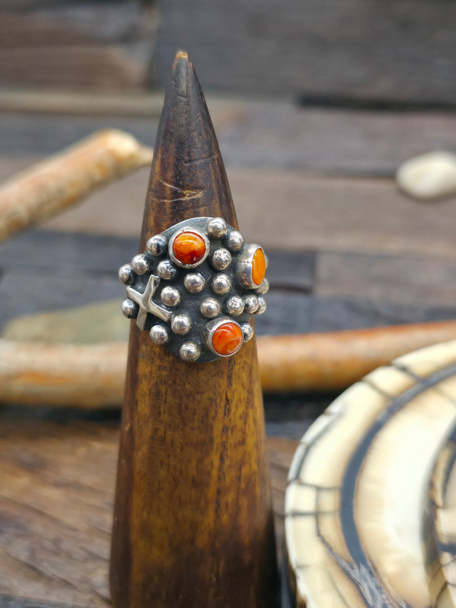 Sterling Silver Cross and Raindrop Orange Spiny Ring by Geneva Apachito - Size 9