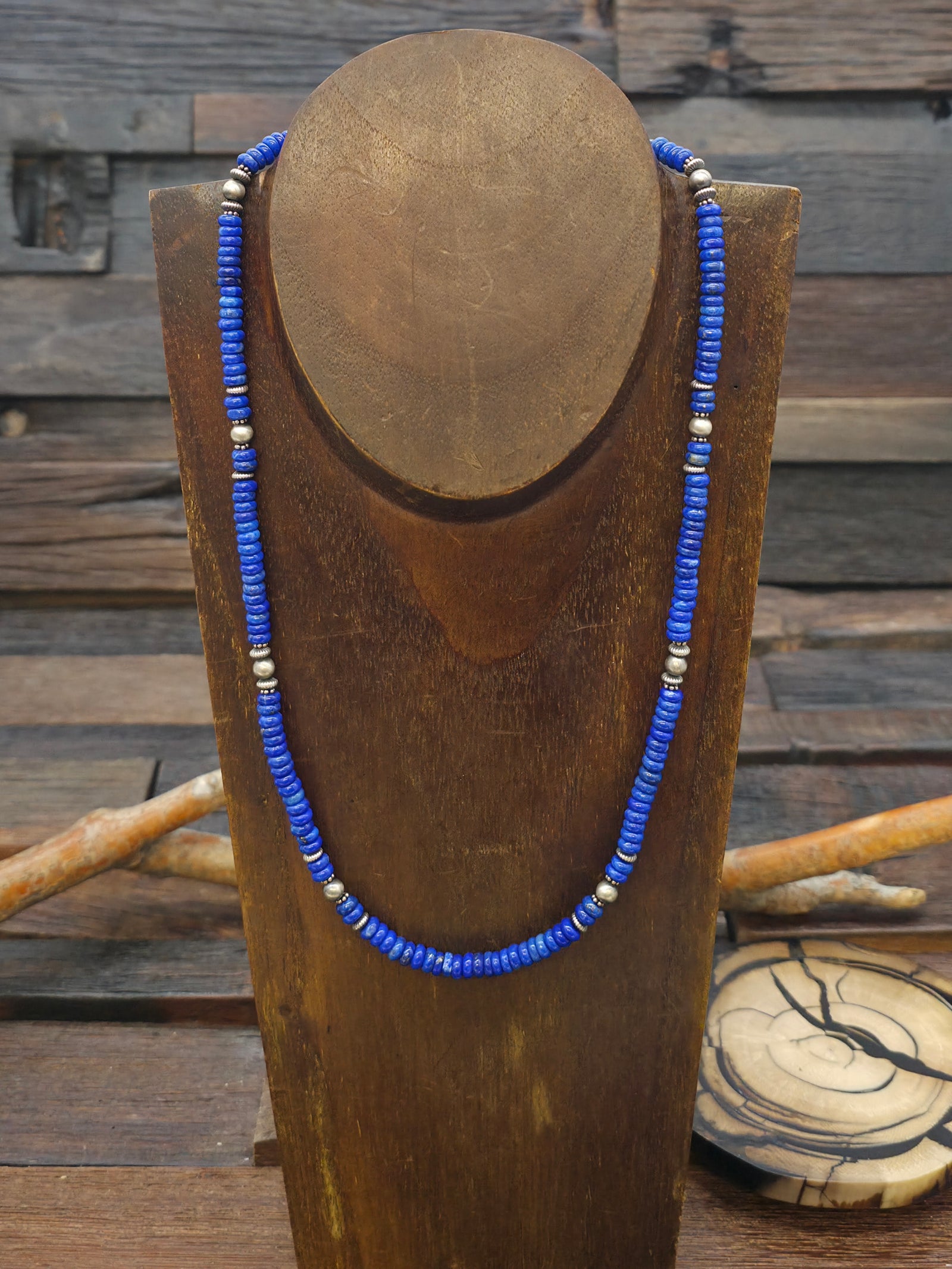 Sterling Silver and Lapis Lazuli Bead Necklace - 20 in. plus 2 in. extender