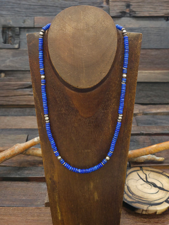 Sterling Silver and Lapis Lazuli Bead Necklace - 20 in. plus 2 in. extender