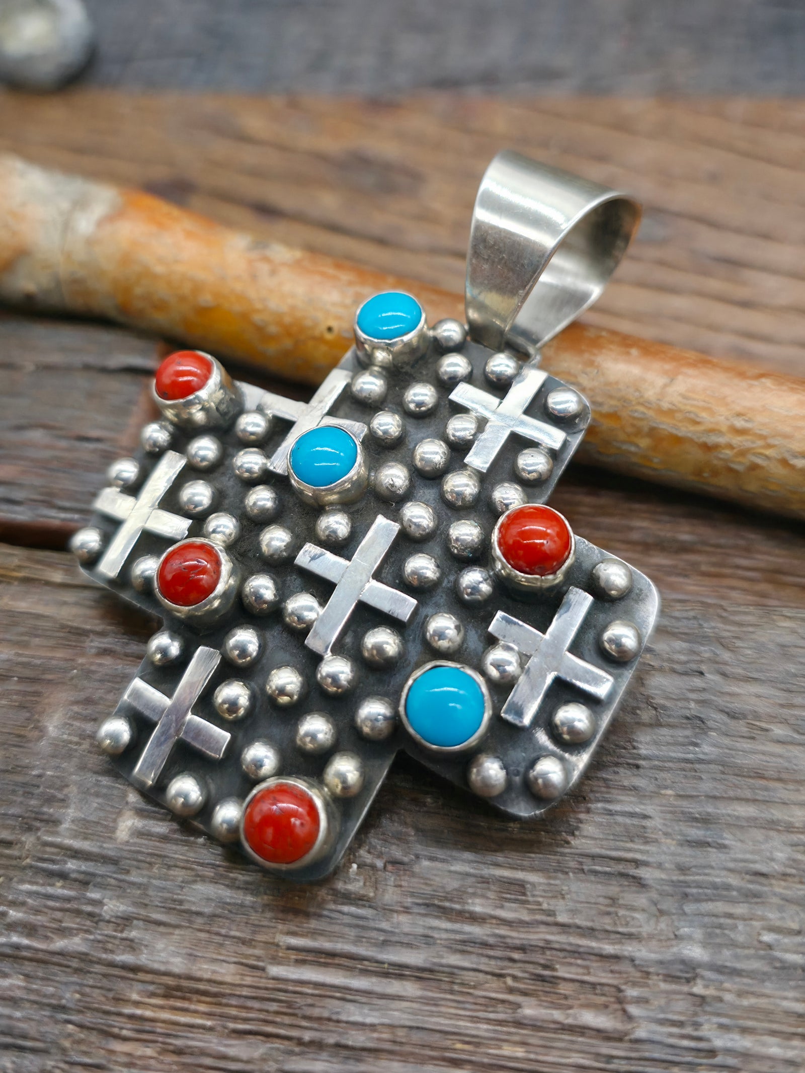 Sterling Silver Raindrop Santa Fe Cross Pendant with Turquoise and Coral by Geneva Apachito