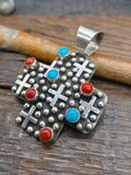Sterling Silver Raindrop Santa Fe Cross Pendant with Turquoise and Coral by Geneva Apachito
