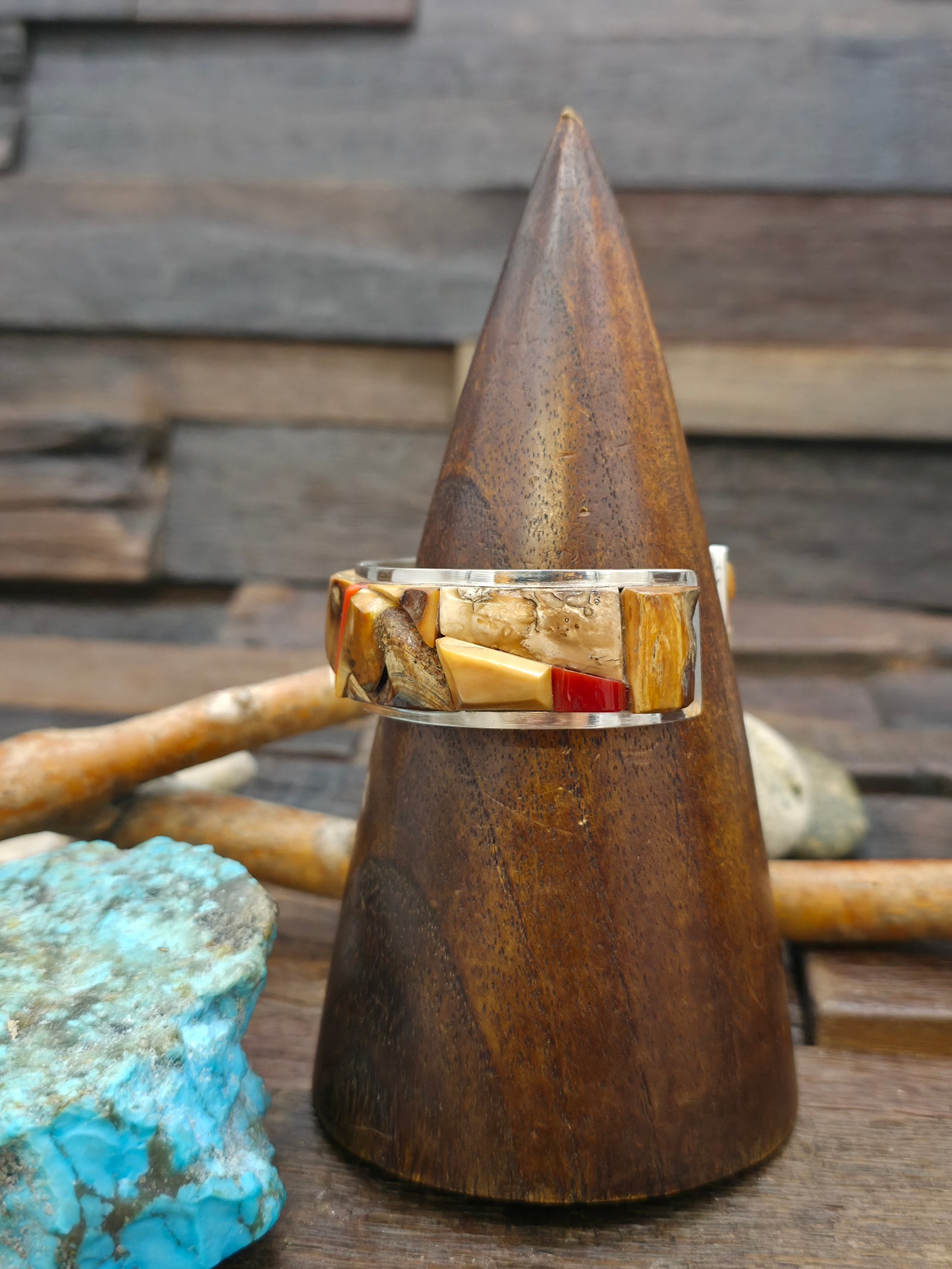Sterling Silver Cobblestone Inlay Cuff with Coral and Fossil Ivory by Walter Vandever - 7 in.