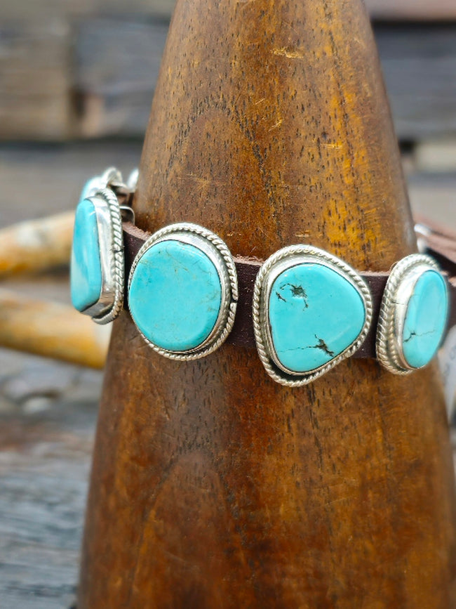 Seven Stone Turquoise Leather Buckle Bracelet