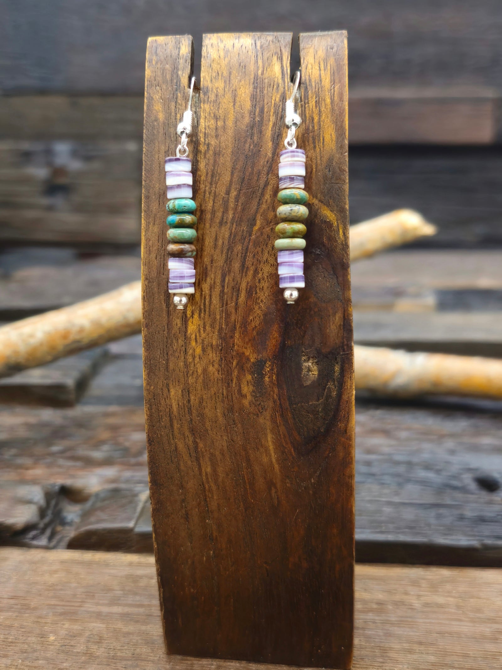 Turquoise and Wampum Stone Bead Dangle Earrings by Fred Archuleta