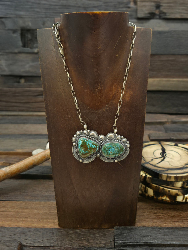 Two Stone Stamped Sterling Silver Turquoise Mountain Turquoise Bar Necklace by Raymond Delgarito - 24 in.