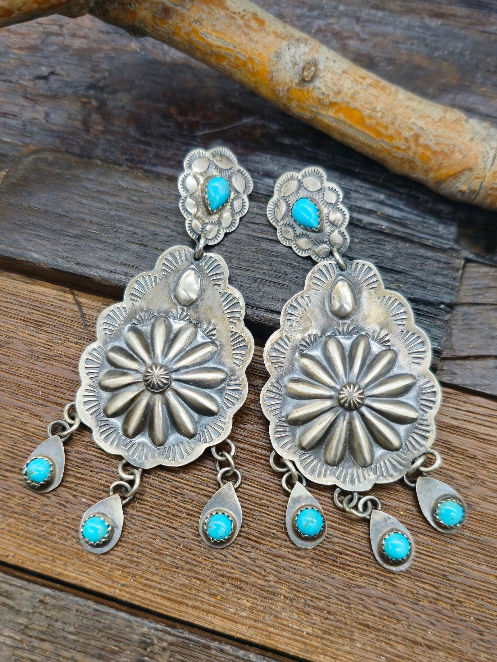 Stamped Sterling Silver Earrings with Turquoise Stones by Lorenzo Begay
