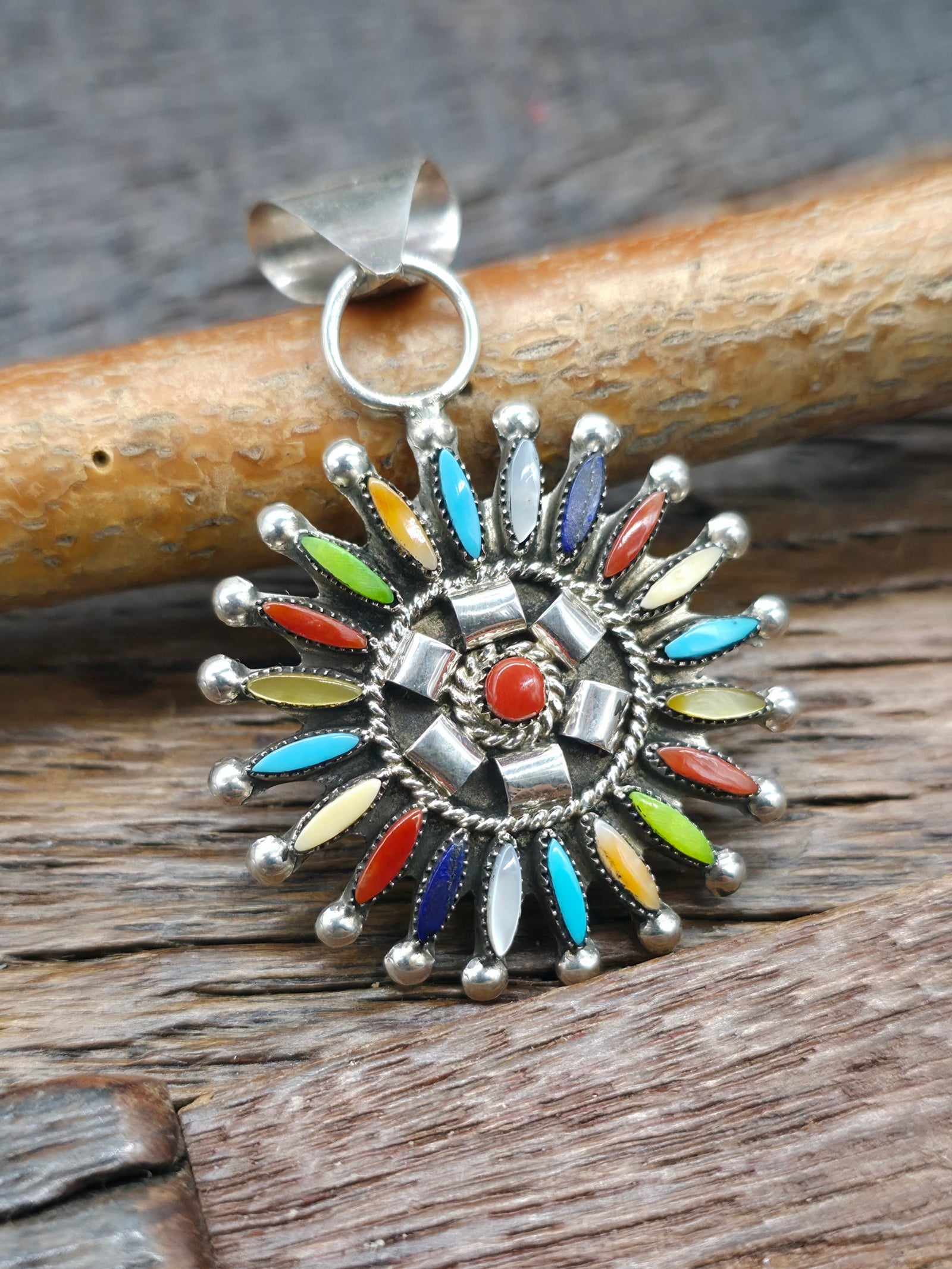 Rainbow Needlepoint Sterling Silver Pendant by Dan Etsate - 2 in. by 1 1/4 in.  Turquoise, Lapis, Coral, Mother-of-Pearl