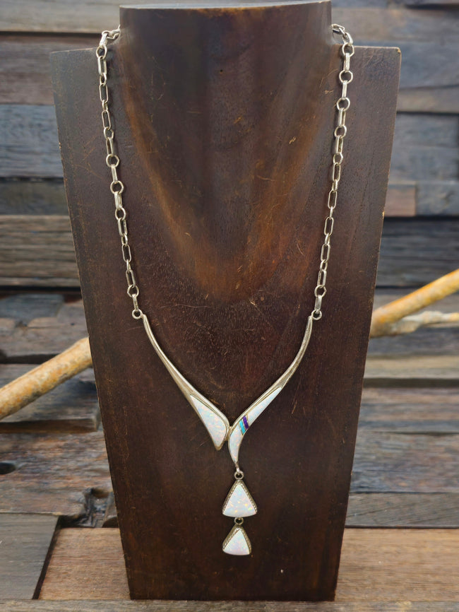Vintage/Estate Sterling Silver and Lab Opal Inlay Necklace - 16 in.