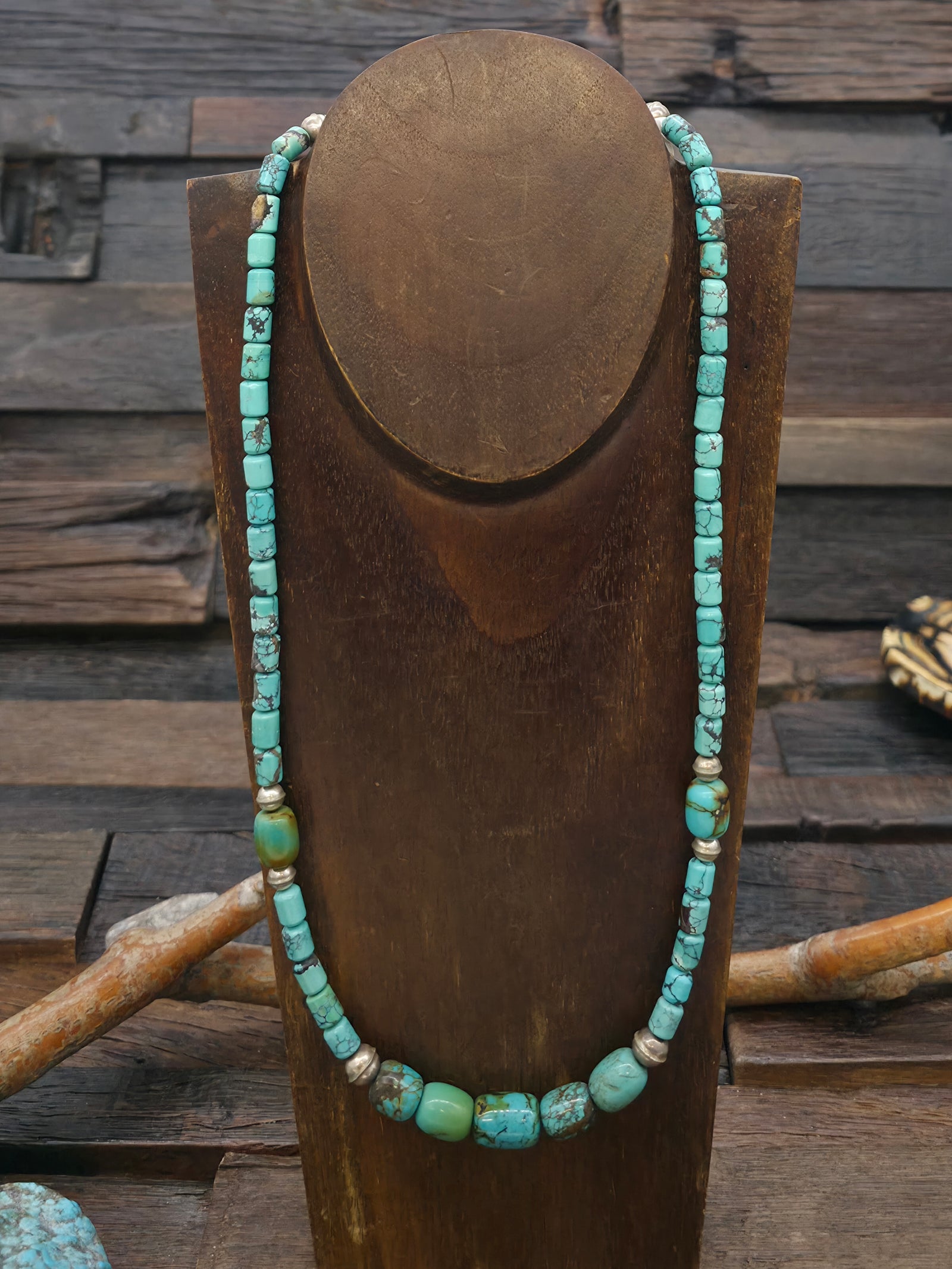 Sky Horse Turquoise and Sterling Silver Bead Necklace - 24 in.