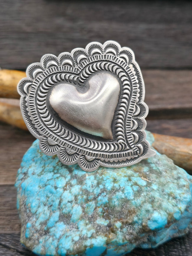 Adjustable Heart Smooth Center Sterling Silver Ring by Leander Tahe