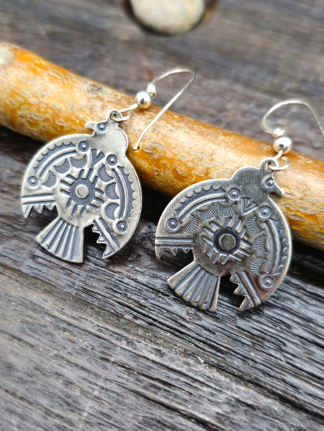 Sterling Silver and Turquoise Stamped Thunderbird Earrings