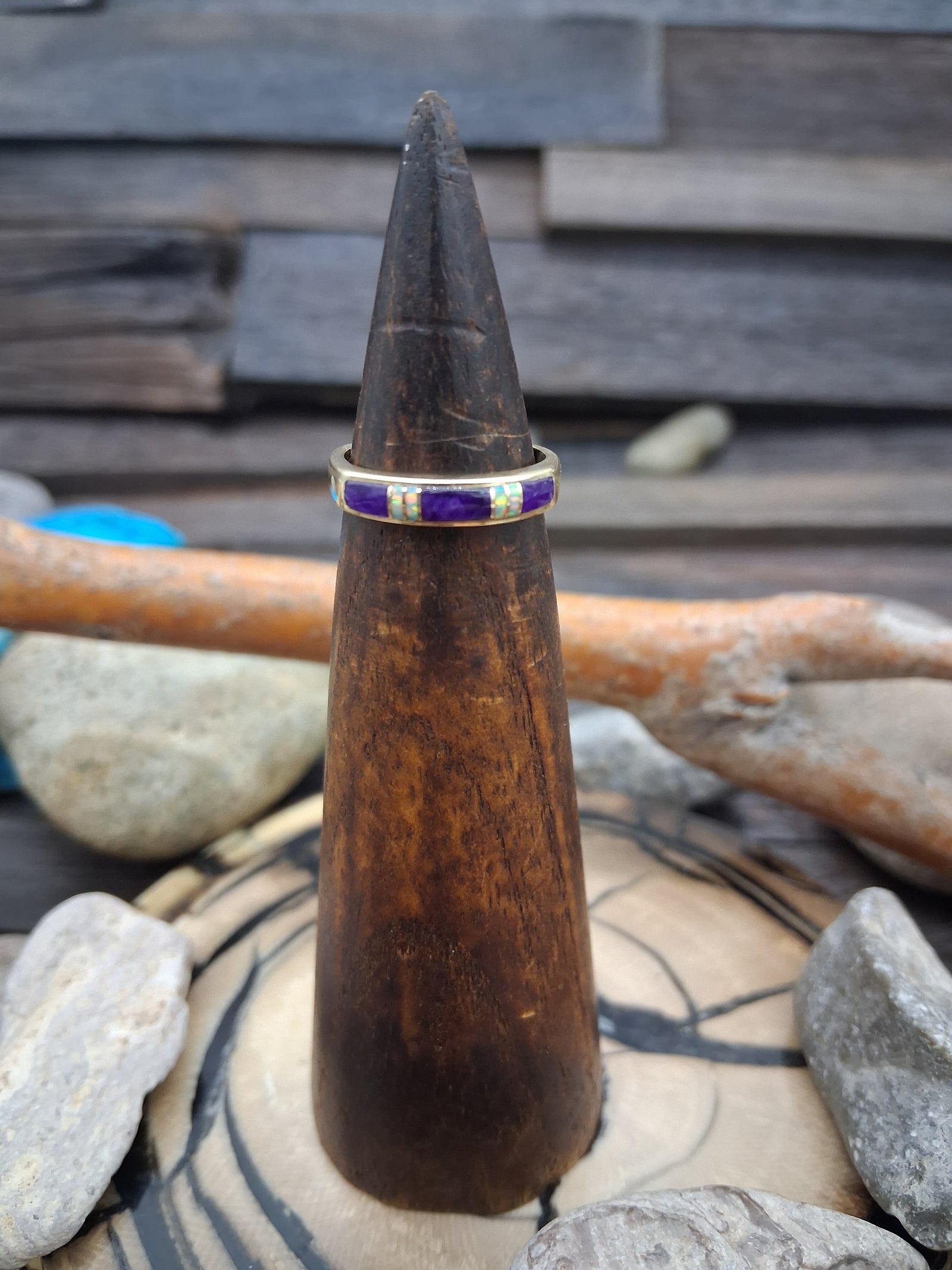 14 KT Gold Fire Opal Sugilite Inlay Ring Size 5