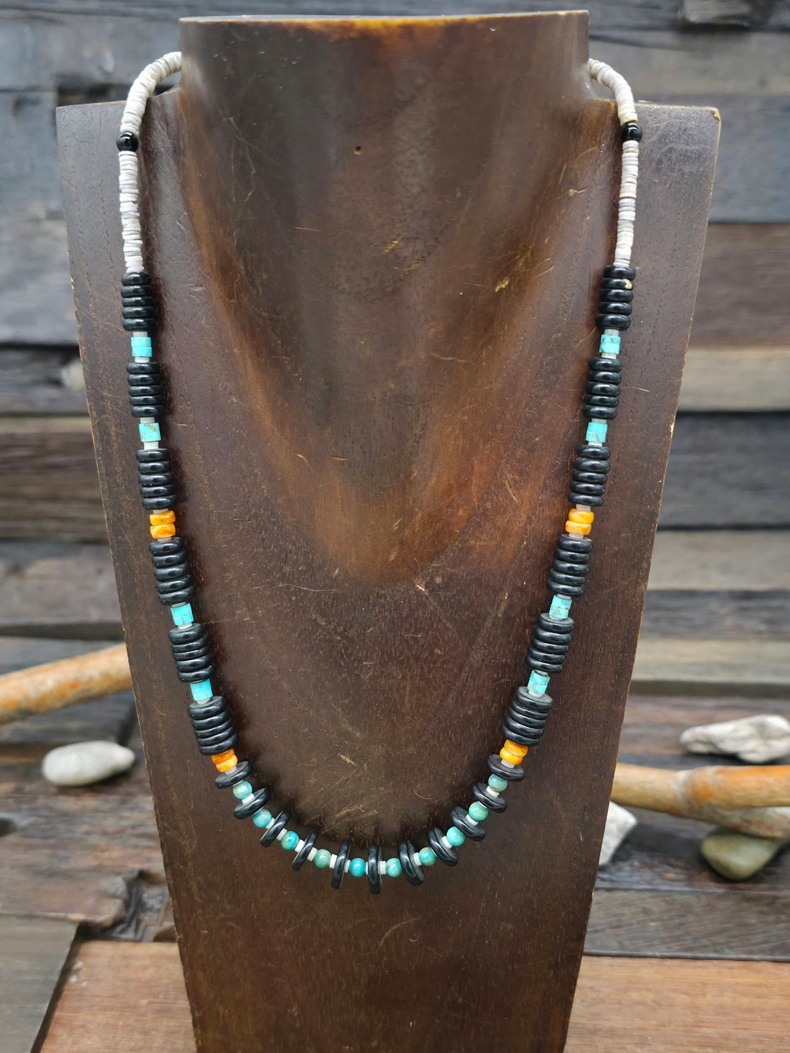 Turquoise, Jet, and Spiny Oyster Necklace - 19 in.