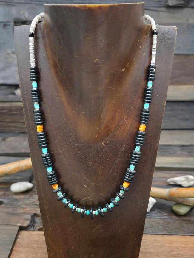 Turquoise, Jet, and Spiny Oyster Necklace - 19 in.