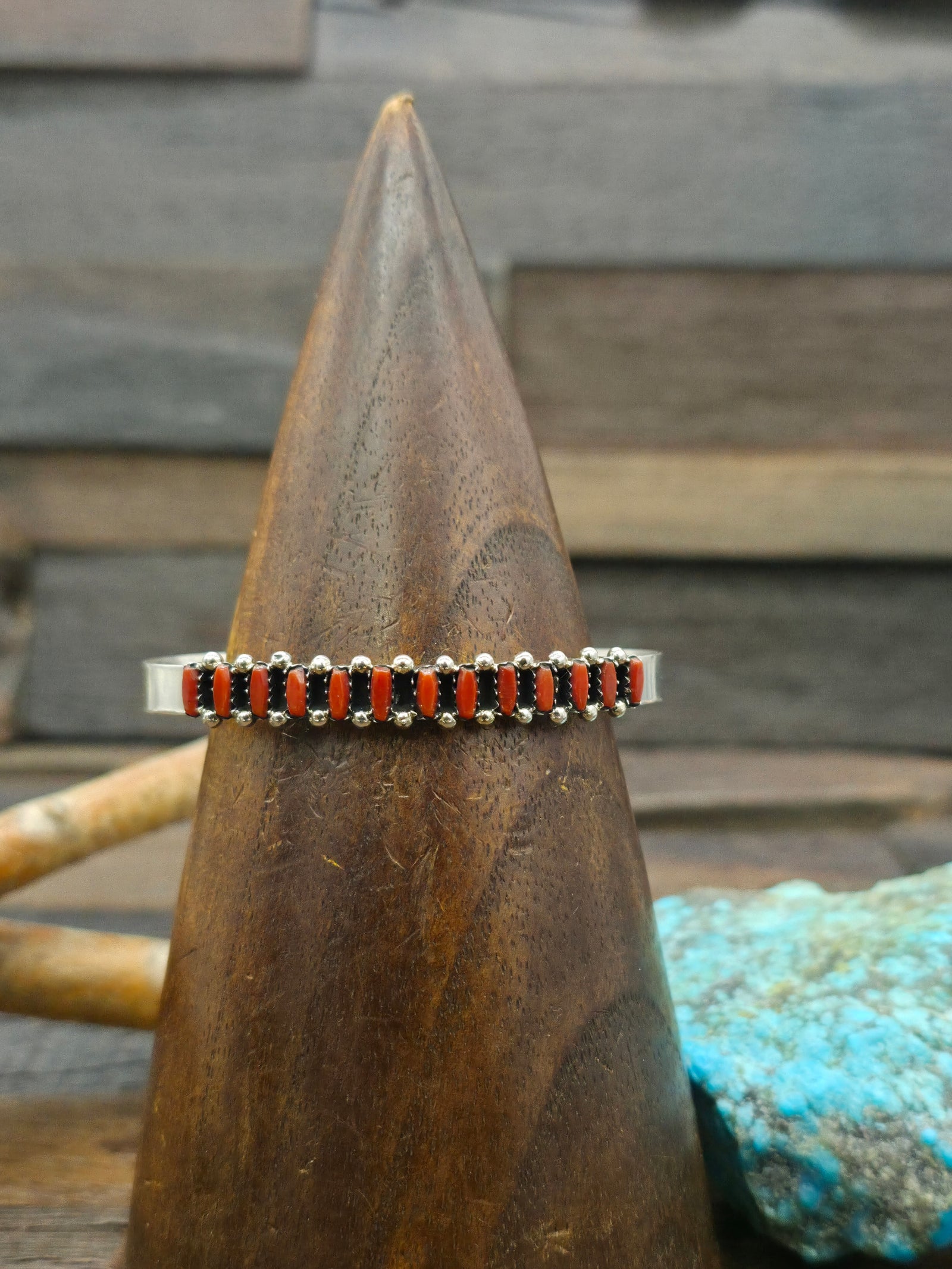 Sterling Silver and Coral Zuni Needlepoint Cuff - 6 1/2 in. with Gap