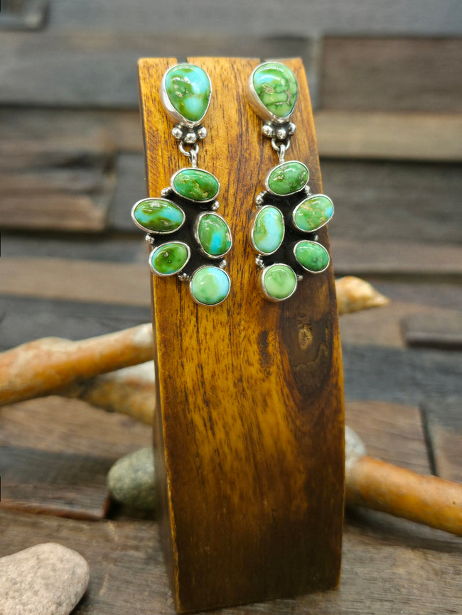 Sterling Silver Sonoran Turquoise Half Cluster Post Dangle Earrings by Geneva Apachito - 2 1/4 in. by 3/4 in.