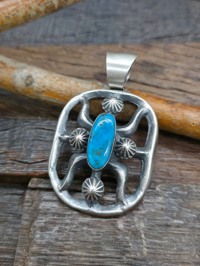 Chimney Butte Cast Sterling Silver Turquoise Pendant - 3 in. by 1 3/4 in.