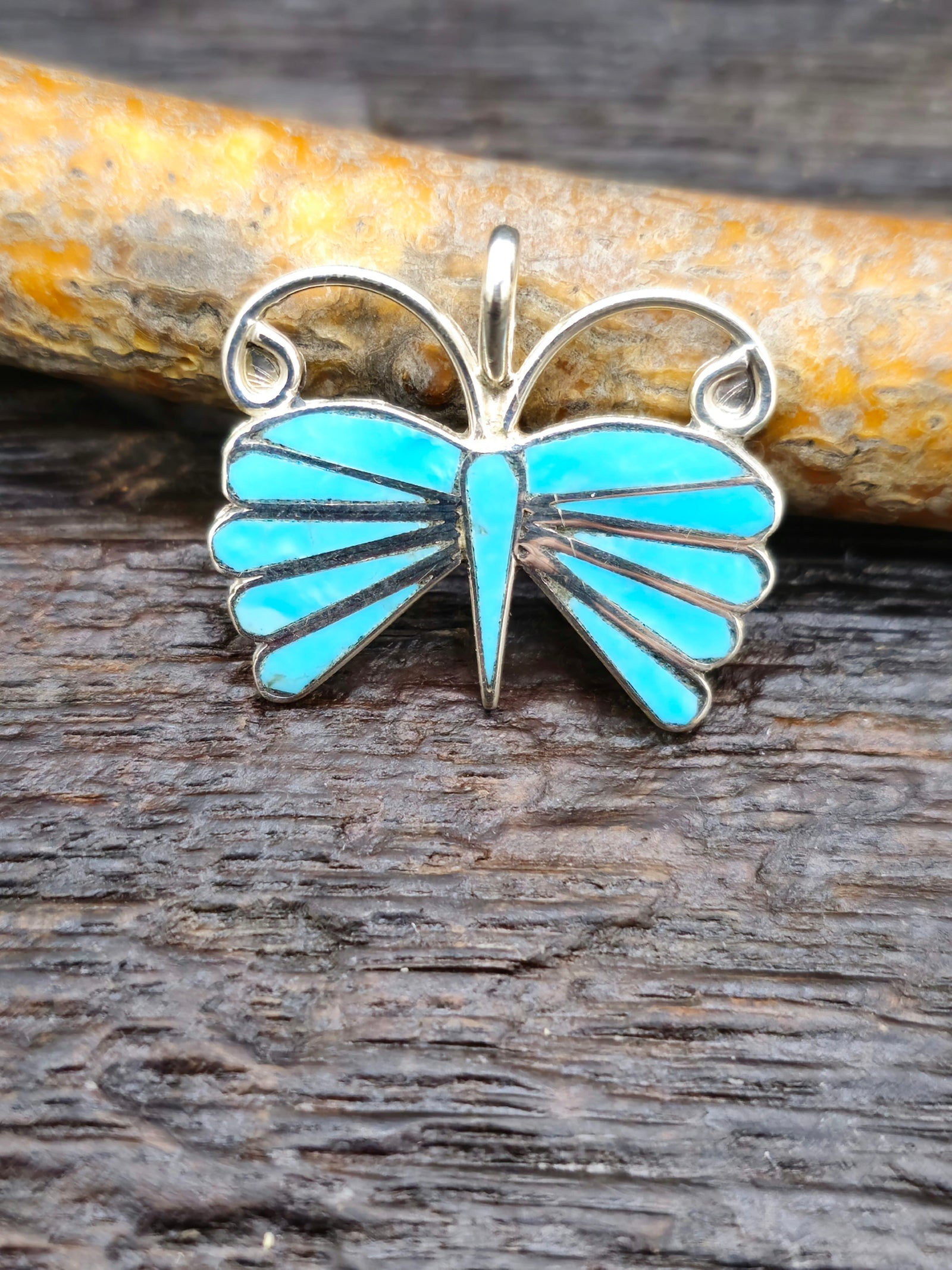 Blue Butterfly Sterling Silver and Turquoise Inlay Pendant by Emma Edaakie