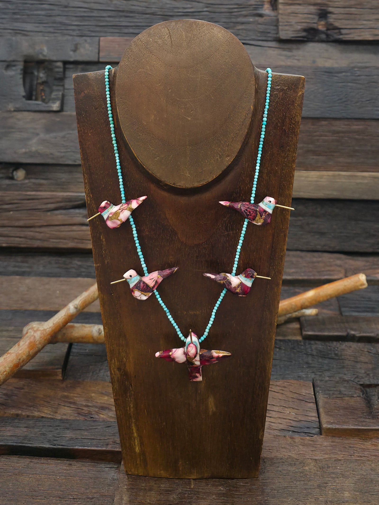 Magenta Mojave Composite Five Hummingbird Necklace with Blue Turquoise by Matt Mitchell - 24 in.