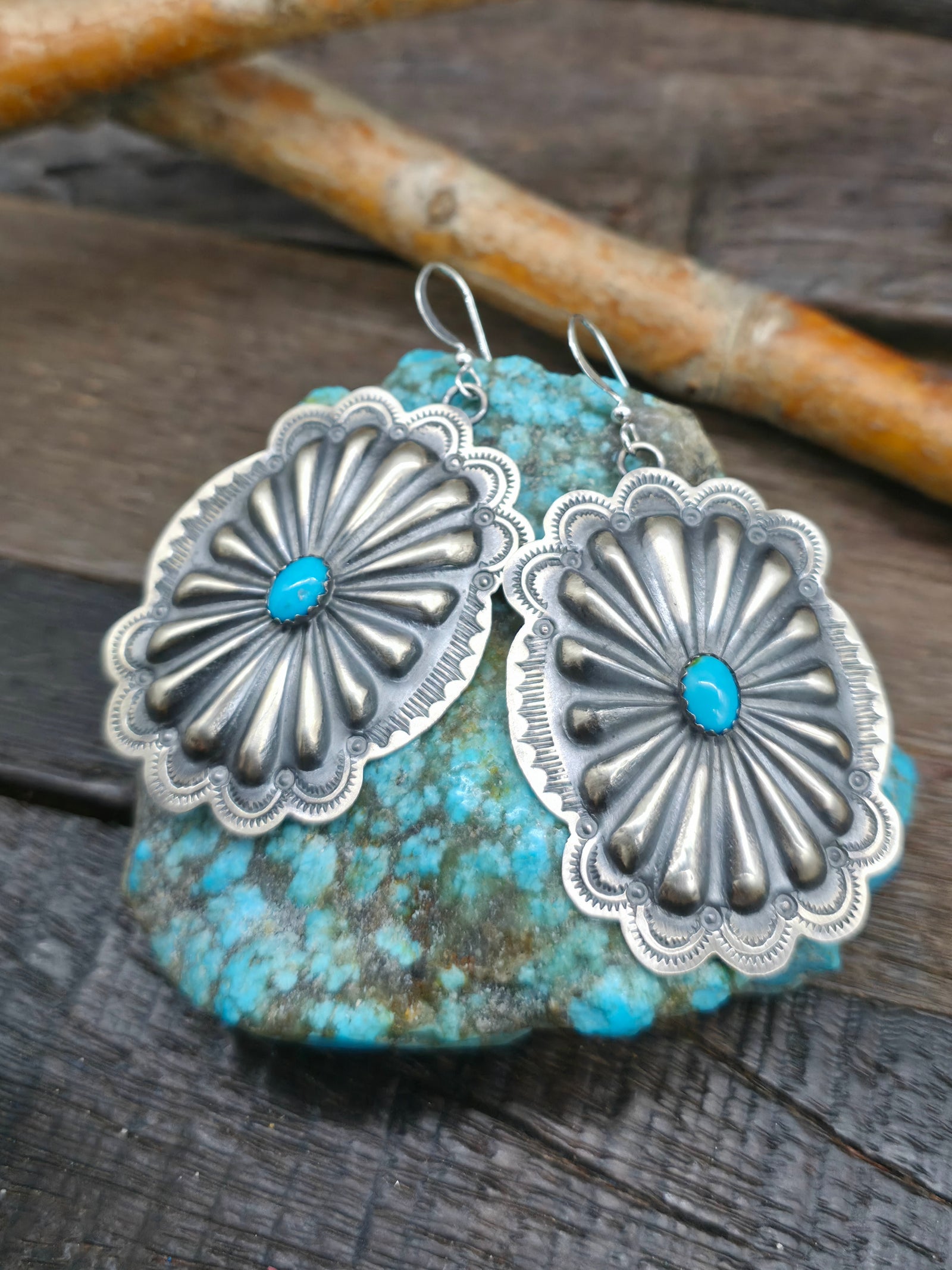 Repousse Stamped Sterling Silver Turquoise Concha Earrings by A. Goodluck - 2 3/4 in. by 1 1/2 in.