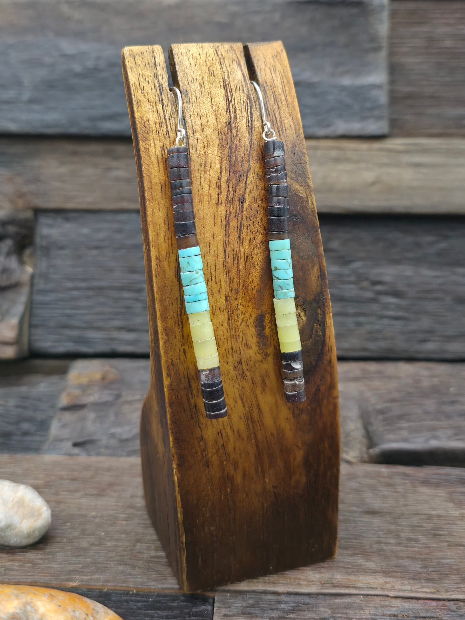 Color Block Earrings by Deanna Tenorio - Heishi, Turquoise, Serpentine - 3 1/2 in.