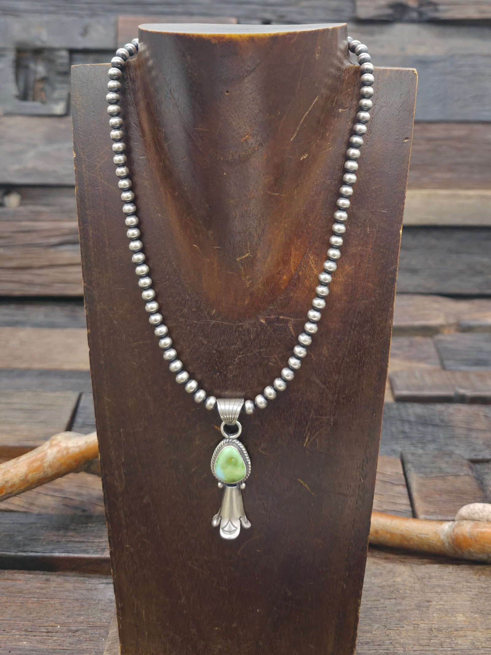 Sterling Silver Sonoran Turquoise Squash Blossom Pendant on Navajo Pearls by Sharon McCartney - 16 in.
