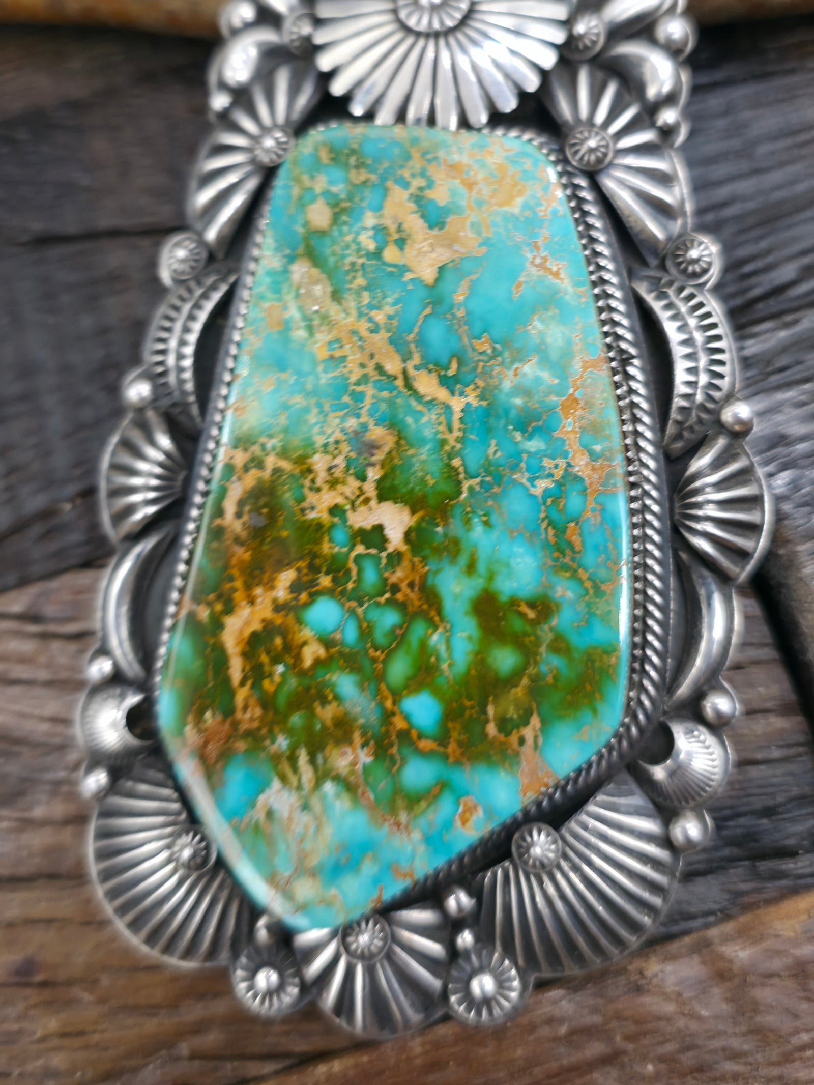 Repousse Stamped Sterling Silver Royston Turquoise Pendant by Delbert Gordon - 6 in. by 2 1/2 in.