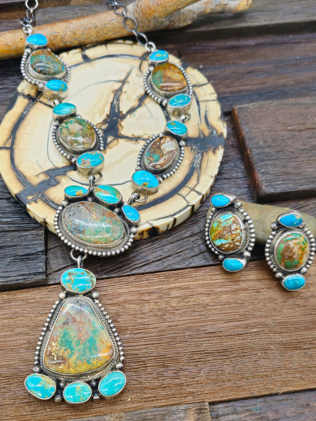 Blue and Green Turquoise Sterling Silver Lariat Necklace and Earring Set by Shelia Becenti - 28 in