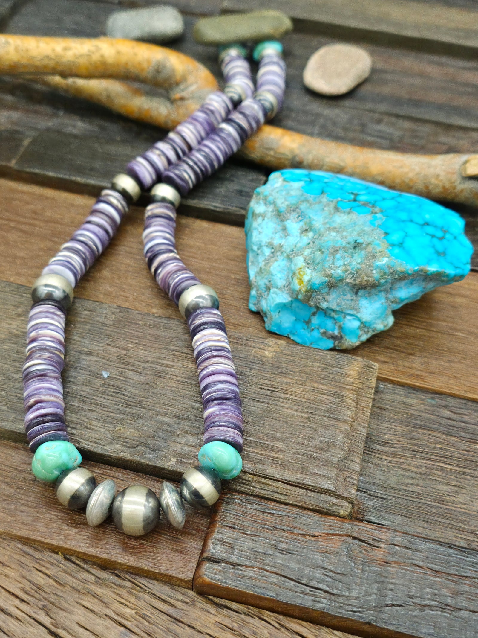 Wampum Shell Turquoise, and Oxidized Sterling Silver Bead Necklace by Fred Archuleta - 24 in.