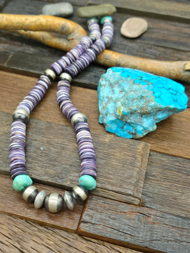 Wampum Shell Turquoise, and Oxidized Sterling Silver Bead Necklace by Fred Archuleta - 24 in.