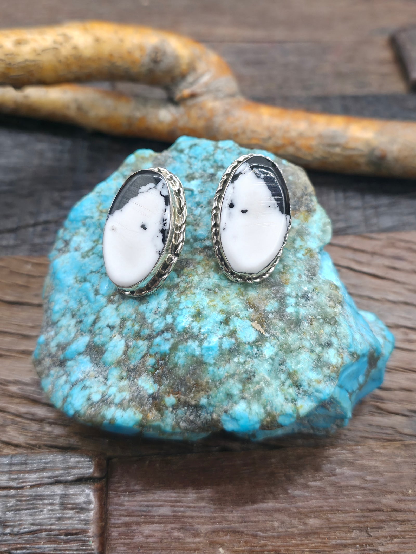 Oval Sterling Silver White Buffalo Post Earrings by Mike Dedman - 1 in. by 5/8 in.