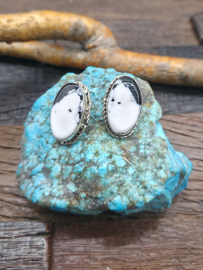 Oval Sterling Silver White Buffalo Post Earrings by Mike Dedman - 1 in. by 5/8 in.