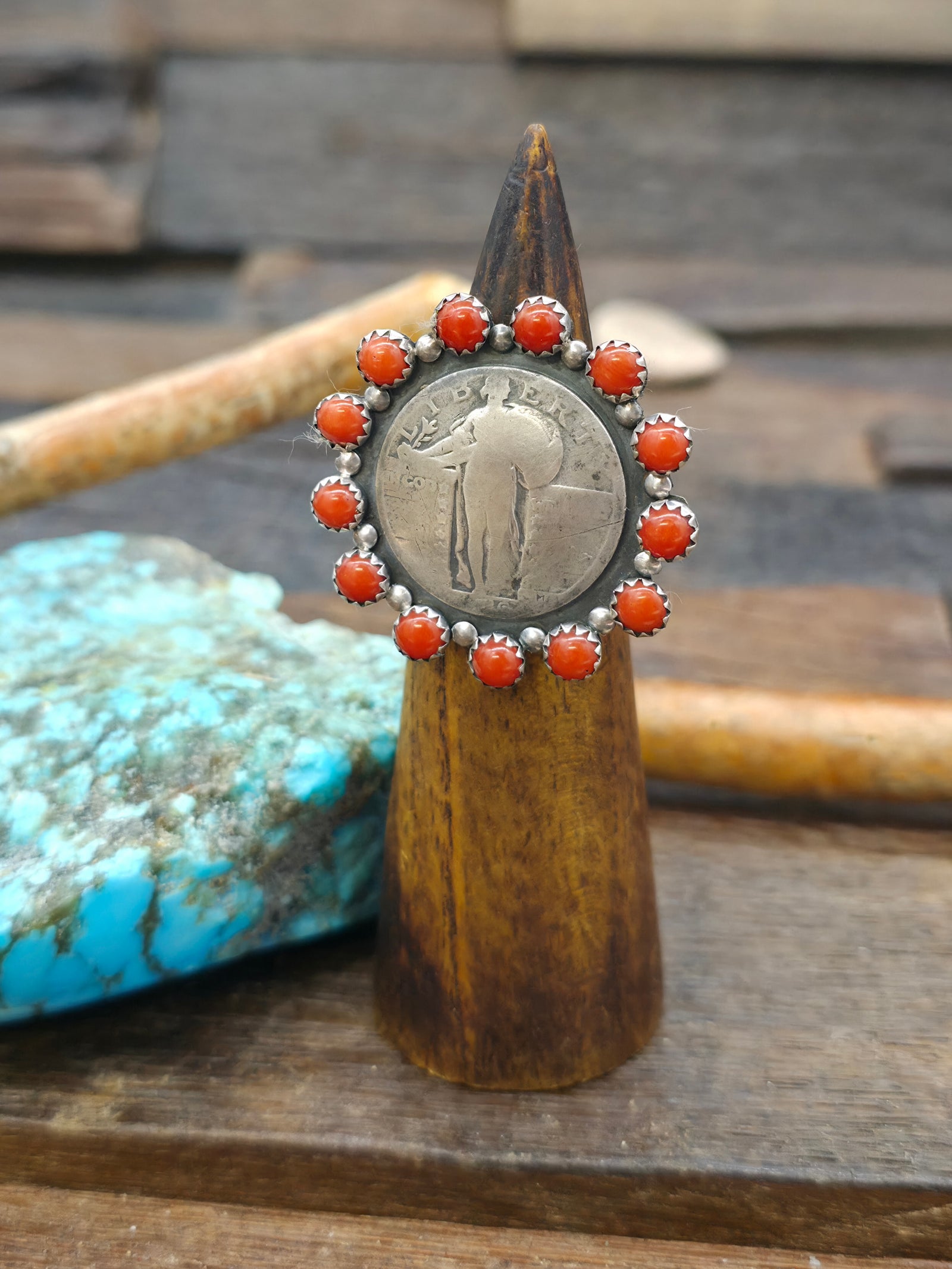 Coral Liberty Quarter Coin Ring by Lawrence Archuleta - Size 8 1/2
