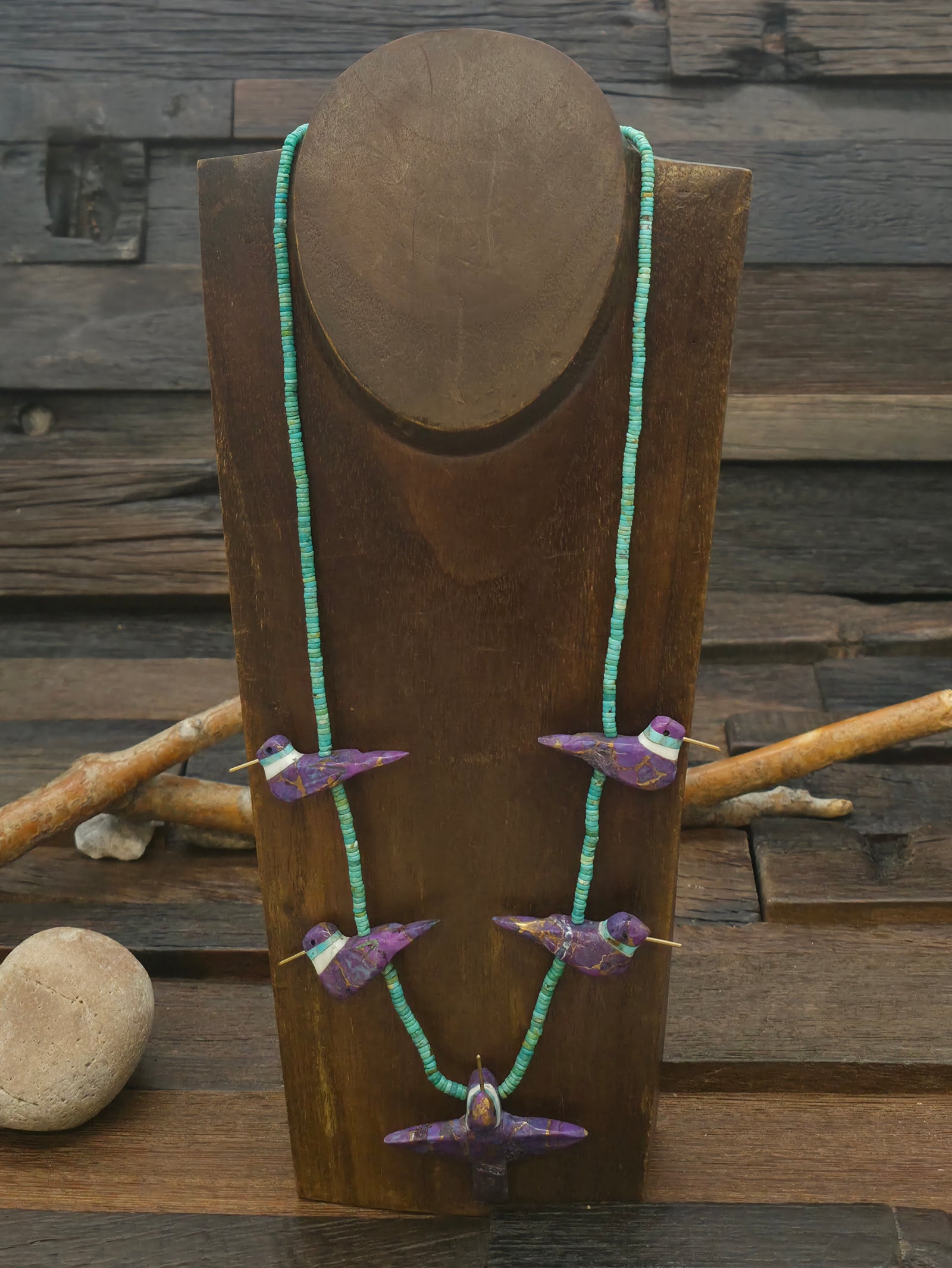 Purple Five Hummingbird Necklace with Turquoise Heishi by Matt Mitchell - 24 in.